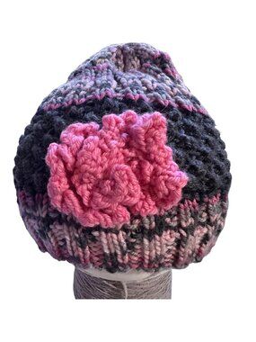 Handmade Crochet Knit Hat With Pink Flower Accent Multicolor Black & Pink Cozy W